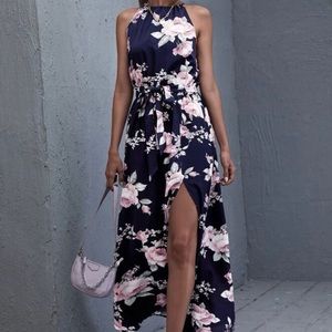 4/$20 Split Thigh Floral Belted Halter Small Navy Dress